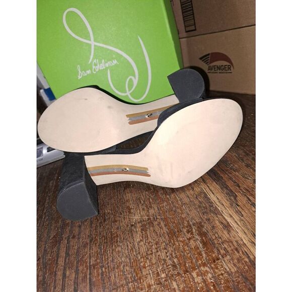 New 10.5M Sam Edelman Robyn Black Suede Chunky High Heel Ankle Strap Dress Shoes - Picture 6 of 6